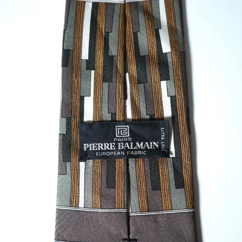 Pierre Balmain Extra Long Neck Tie European Fabric Geometric Art Deco Brown